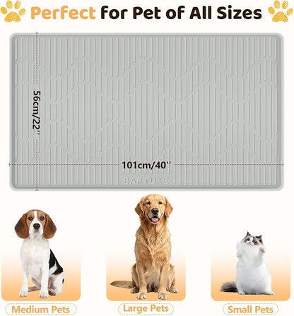 Silicone Cat & Dog Food Mat, 40" x 22" Extra Large Pet Feeding Mat for Cats and Dogs Bowl, Pet Placemat for Food and Water with Raised Edge, Waterproof, Leakproof (Grey)