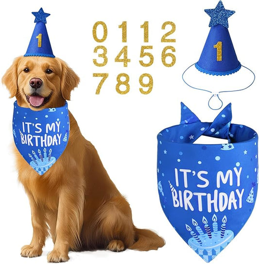 Dog Birthday Party Supplies, Blue Dog Birthday Set with Hat Bandana Numbers for Small Boy Pets Puppy