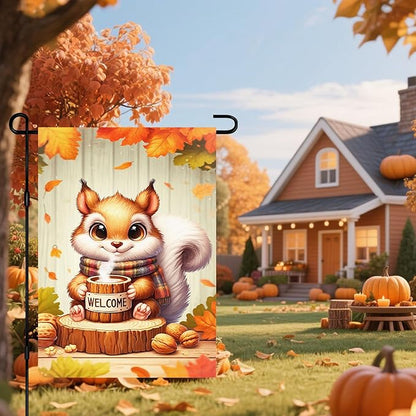 Fall Everyday Garden Flag 12x18 Inch Cute Red Squirrel with Hot Cocoa and Welcome Sign, Yard Flag Double Sided for Outdoor Fall Porch