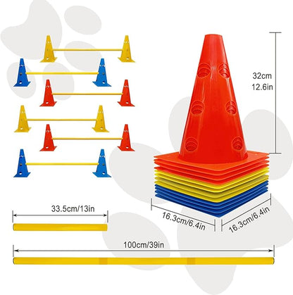 Dog Agility Hurdle Cone Set, Dog Agility Set Include 12 Agility Cones 6 Agility Rods, Dog Agility Equipment with Carry Bag(Blue+Orange+Yellow)