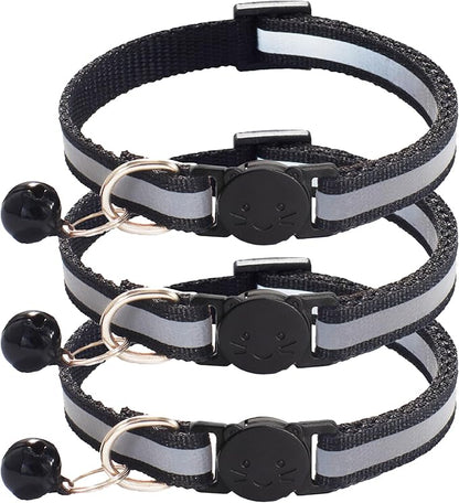 3 Pack Reflective and Breakaway Cat Collars with Bells，Adjustable Kitten Collars from 7.5 to 12.5 Inches, Ideal of Kitten Collar, Suitable for Girls and Boys (Black)