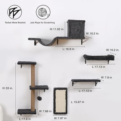 5-in-1 Cat Wall Shelves, Multi-Level Cat Climbing Furniture, Perch & Lounge for Indoor Cats, Space-Saving Wall Mounted Cat Shelves for Play & Rest (Natural Wood) - Gray