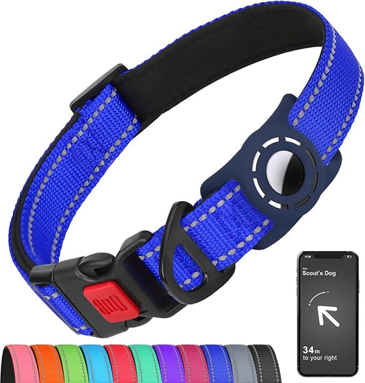 Airtag Dog Collar with AirTag Holder for Medium Dogs, Reflective, Soft Padded & Safety Locking Buckle, Nylon Pet Collars Adjustable for All Breeds, NavyBlue,M