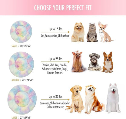Cat Beds for Indoor Cats - Anti Anxiety Round Dog Beds for Small Medium Dogs, Fluffy Plush Faux Fur Pet Bed (Rainbow, Large 24" L x 24" W)