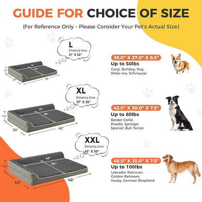 Dog Bed Large Sized Dogs, XXL Orthopedic Dog Bed for Large Dogs, Waterproof Pet Bed with Washable Removable Cover, L-Shaped Pet Couch with Portable Handle 48"x35"x7.5", Olive Green