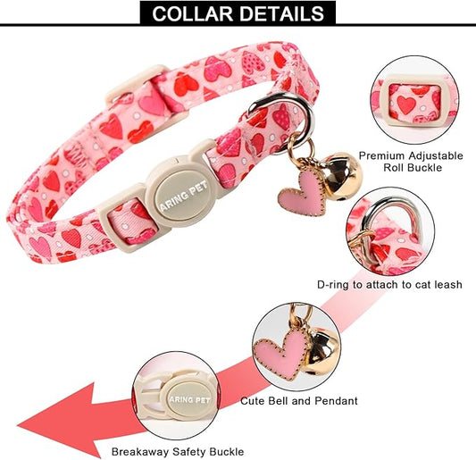 ARING PET 2 Pack Valentine's Day Cat Collar, Breakaway Kitten Small Black White Pink Heart Collars with Bells for Girl Boy Cats