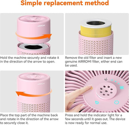 AIRROMI Pets Air Purifier for Home Allergies,Up to 660 ft². HEPA Deodorizing Activated Carbon Filter,With Fragrance Sponge for Better Sleep,Night Light,Pet Dander,Smoke,Odors,Air Cleaner A2002 Pink