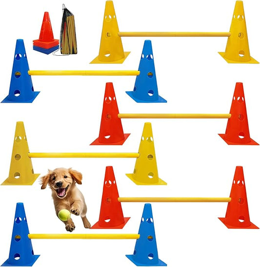 Dog Agility Hurdle Cone Set, Dog Agility Set Include 12 Agility Cones 6 Agility Rods, Dog Agility Equipment with Carry Bag(Blue+Orange+Yellow)