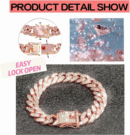 Dog Collar Cuban Link Rose Glod Crystal Dog Necklace Metal Chain Collar with Design Secure Buckle Pet Collar Jewelry Accessories for Small Medium Large Dogs Cats(Rose Glod 8inch)