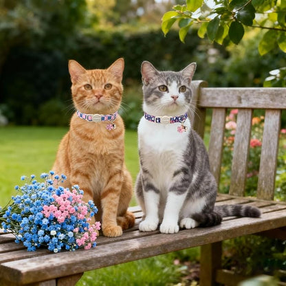 2 Pack Flower Cat Collars Breakaway with Bell, DOGWONG Safety Buckle Blue Plaid Cute Cat Collar for Girl Boy Cats，Adjustable 7-12 Inch