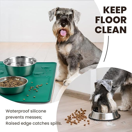 VIVAGLORY Dog Food Mat Flexmat Dog Bowl Mat, Placemat Food Tray with Raised Edges & Lip for Indoor Floor, Non Slip Waterproof Silicone Dish Placemat for Cat & Pet, L, Deep Green