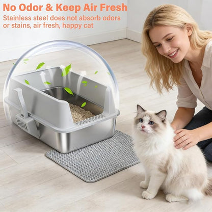 2PACK Stainless Steel Cat Litter Box with Lid, XL Metal Litter Box, Extra Large Litterbox for Big Cats, High Sided | Easy Cleaning | Odor-Free Includes Scoop and Mat
