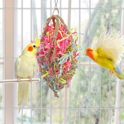 Wontee Bird Jute Paper Strips Parrot Mesh Bag Hanging Chewing Toy for Parakeet Cockatiel Conure Cockatoo African Grey Macaw