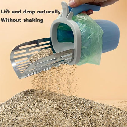 Cat Litter Scoop, Large Capacity Mess-Free Cat Litter Scooper with 10 Rolls/300 Count Refill Bags, Spill-Proof Kitty Box Sifter, Bin Doubles as Scoop Holder