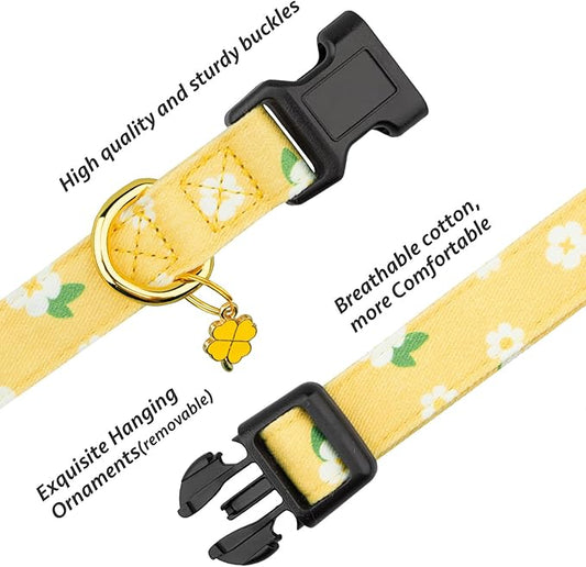Cotton Handmade Dog Collar Cute and Distinctive Patterns Yellow Flower with Pendant for Girl Boy Dogs Collars M