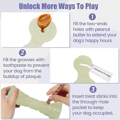 Glow in The Dark Dog Chew Toy, Rubber Dog Toys to Keep Them Busy, Interactive Treat Dispensing Puzzle Toy with Teeth Cleaning, Outdoor Fetch & Nighttime Play