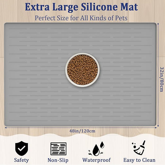 48"x32" Extra Large Pet Food Mat, 1.5MM Super Thick Silicone Dog Mats for Food and Water, XXXL Nonslip Pet Feeding Mats for Floors,Dog Cat Bowl Mat with Raised Edges, Beige