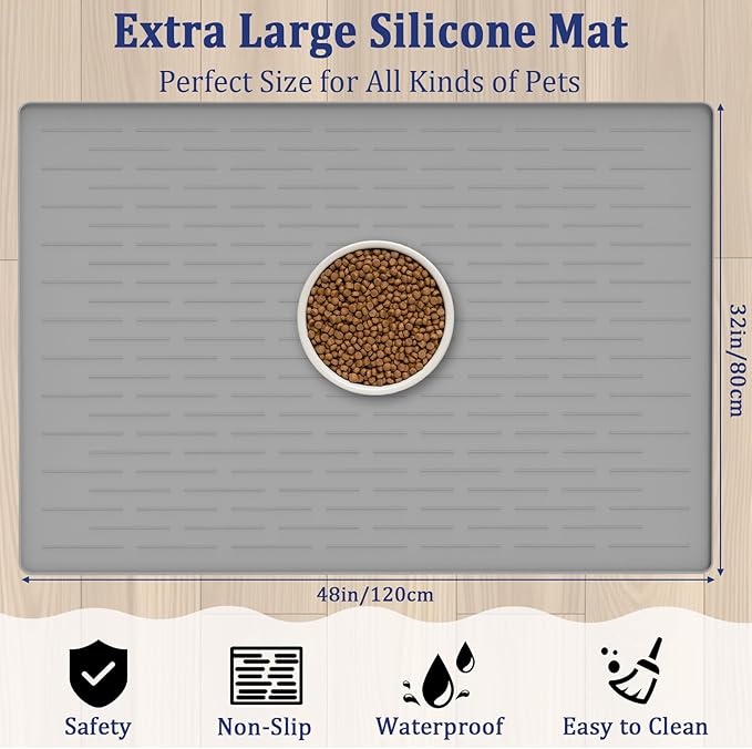 48"x32" Extra Large Pet Food Mat, 1.5MM Super Thick Silicone Dog Mats for Food and Water, XXXL Nonslip Pet Feeding Mats for Floors,Dog Cat Bowl Mat with Raised Edges, Light Gray
