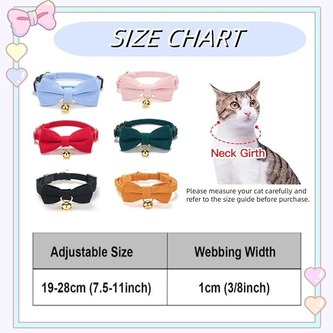 Soft Corduroy Cat Collar with Bell and Bowtie, Safety Breakaway Clasp, Adjustable for Kitten and Cats Green Color.