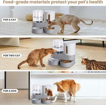2 Pack Automatic Cat Feeder Stainless Steel Water Dispenser Gravity Food Feeder and Waterer Set with Pet Food Bowl for Small Medium Kitten Puppy Pets Large Capacity(Grey)