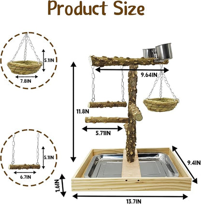 Tfwadmx Bird Perch Natural Wood Stand Toy Parrot Play Stand Platform and Hanging Bird Nests Bird Cage with Removable Tray and 2 Stainless Steel Cups for Parakeets Canaries Cockatiels Conure Lovebirds