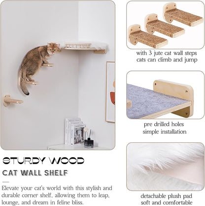 Large Cat Shelves with 3 Steps, Wall Mounted Cat Climbing Shelf with Plush Covered Bed, for Indoor Cats (Wood)