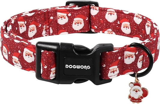 DOGWONG Christmas Dog Collar, Red Santa Claus Print Cute Dog Collars Winter Holiday Male Female Adjustable Dog Collar for Medium Large Dogs