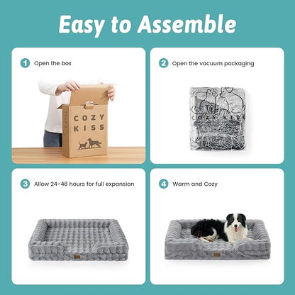 Orthopedic Dog Bed for Large Medium Size Dog, Soft and Warm Faux Fur Sofa for Pet Up to 75 lbs, Foam Bolster Anti-Slip Couch with Washable Removable Cover, L 36x27x6.5 inch, Grey