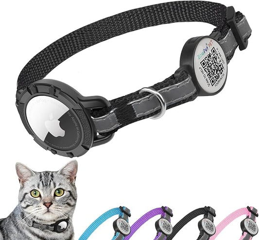 Airtag Cat Collar Breakaway with QR Code Name Tag, Reflective cat Collar airtag Holder with Bell, Cat ID Tag Personalized, Ultra-Durable, Adjustable, Quick Release, Fits Small Large Cats, Black