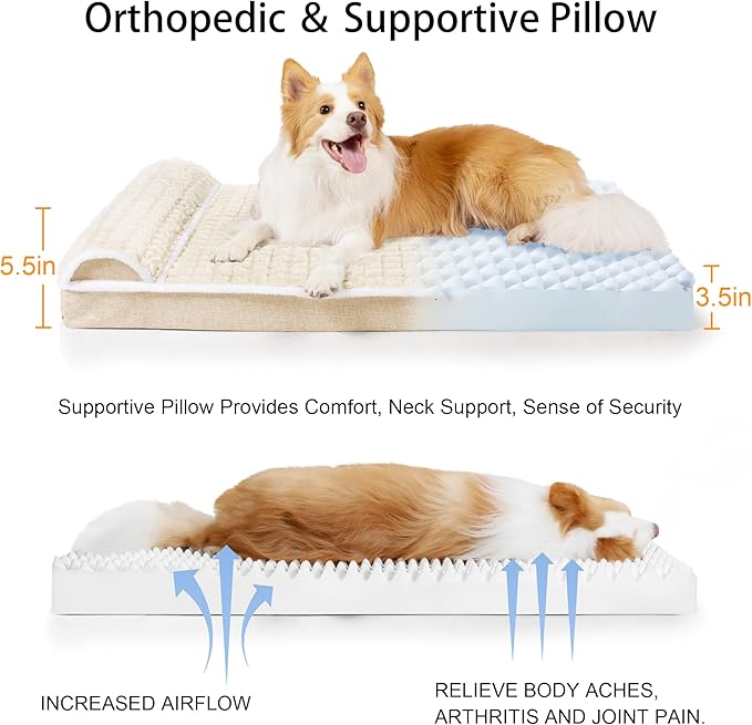 Orthopedic Dog Bed Medium Size Dog with Pillow 30''X20'', Waterproof Soft Comfortable Egg Crate Foam Pet Crate Beds Mat with Removable Washable Cover and Non-Slip Bottom, Cream