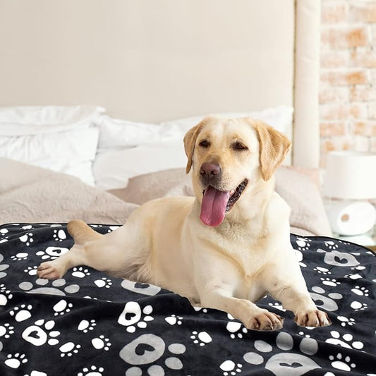 Dog Blanket, Soft Fleece Dog Blankets for Extra Large Dogs, Fluffy Flannel Pet Cat Puppy Blanket Mat Cover for Bed Couch, Cute Paw Print Throw Blanket for Dogs, Black 80"X60"