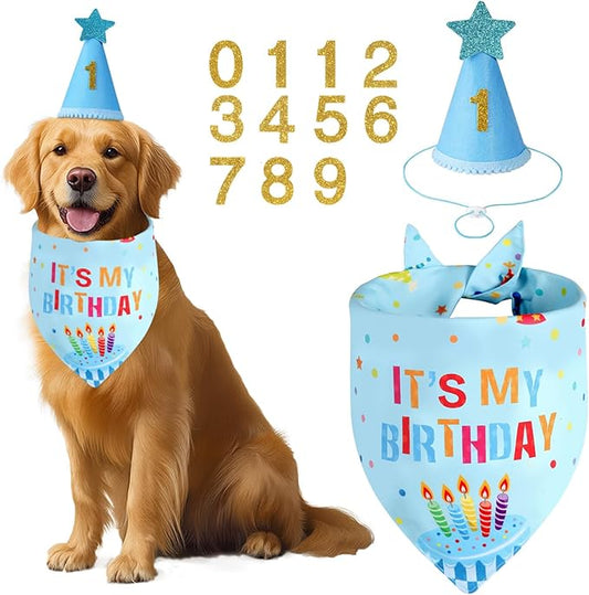 Dog Birthday Party Supplies with Hat Bandana Numbers, Light Blue Dog Birthday Set for Large Medium Pets Puppy Boy
