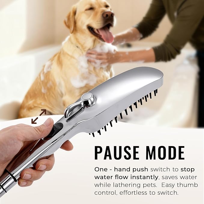 G-Promise 3 Mode Dog Shower Attachment with Pause Mode, Dog shower Sprayer with 100 Inches Hose, Metal Diverter, Adhesive Holder, for Fast and Easy Dog Bathing and Cleaning Indoor and Outdoor(Chrome)