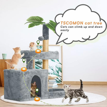 31.5in Multi-Level Cat Tower with Sisal Scratching Posts, Hidden Cave & Perch Platform, Large Cat Condo for 1-3 Cats, Eco-Friendly Pet Furniture with Realistic Leaves, Grey