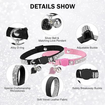 Rhinestone Cat Collar Breakaway with Bell, Diamond Cat Collar with Safety Buckle Quick Release for Girl Boy Small Kitten Pets Puppy,Cute Soft Female Male Cat Collars,Color Pink & Black 8-12"