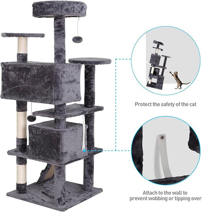 54-Inch Cat Tree for Large Cats, Sturdy Multi-Level Cat Tower with 2 Condos, Hanging Ball and Sisal Scratching Posts, Durable Cat Furniture for Indoor Cats (Dark Grey)