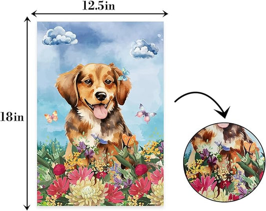 Dog Welcome Garden Flag Welcome Happy Butterfly Dog Animals Outdoor Garden,Flag Welcome Spring Summer Garden Flag,Flower House Seasonal Decoration -12 x 18"Inch Double Sided