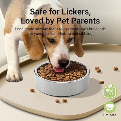 DownyPaws Dog Food Mats for Floors Waterproof, BPA Free Silicone Dog Bowl Mat, Non-Slip Pet Feeding Mat with High Raised Edge, Cat Placemat for Messy Drinkers, 24"×17", Almond