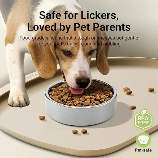 DownyPaws Dog Food Mats for Floors Waterproof, BPA Free Silicone Dog Bowl Mat, Non-Slip Pet Feeding Mat with High Raised Edge, Cat Placemat for Messy Drinkers, 24"×17", Almond