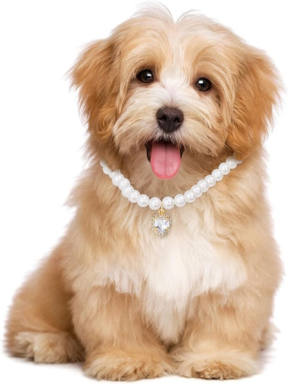 2pcs Cat Dog Pearl Collar, Small Heart Shape Rhinestone Pet Necklace, Adjustable Wedding Party Pet Jewelry Accessories for Puppy Small Cats- White & Pink