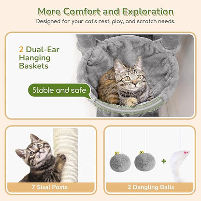 Globlazer Heavy Duty Cat Tree, 74in Sturdy Cat Tower for Large Cats Adult, Big Cat Tree with 7 Sisal Scratching Posts, 2 Padded Condos, 2 Dual-Ear Hanging Baskets, Enlarged Top Perch, S74, Light Grey
