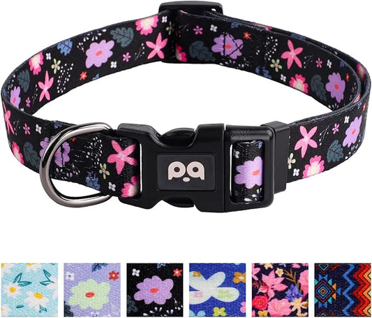 QQPETS Adjustable Soft Dog Collar: Print Flower Pink Multicolor Cute Patterns for XS Small Medium Large Pet Girl Boy Puppy Walking Running Training