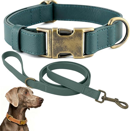 Dog Collar and Leash Set,Leather Silicone Waterproof Odor-Proof Dog Collar and Leash for Large Dogs, Soft Flexible Dog Collars, Durable Thick Adjustable Pet Collar (Green, Large (14.5-24" Neck))