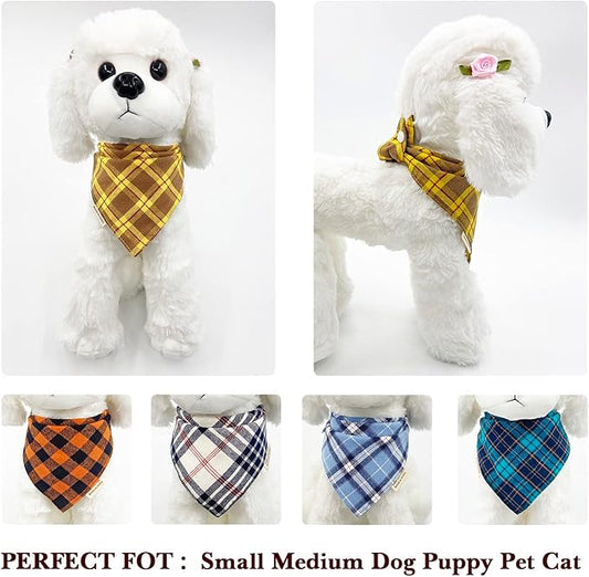 5PCS Dog Bandanas with Button - Thick Triangle Bibs Dual Layer Soft Cotton Scarves for Small Medium Boy Girl Puppy Cat Pet Baby Square Plaid Printing Washable Kerchief Halloween Costumes Outfits