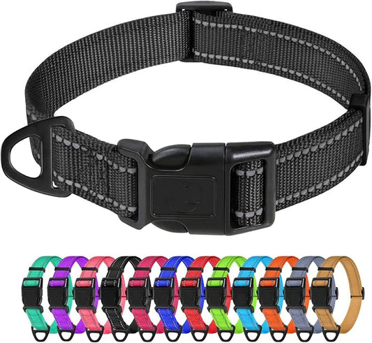 TagME Reflective Nylon Dog Collars, Adjustable Classic Pet Collar with Quick Release Buckle for Small Dogs, Black, 3/4" Width