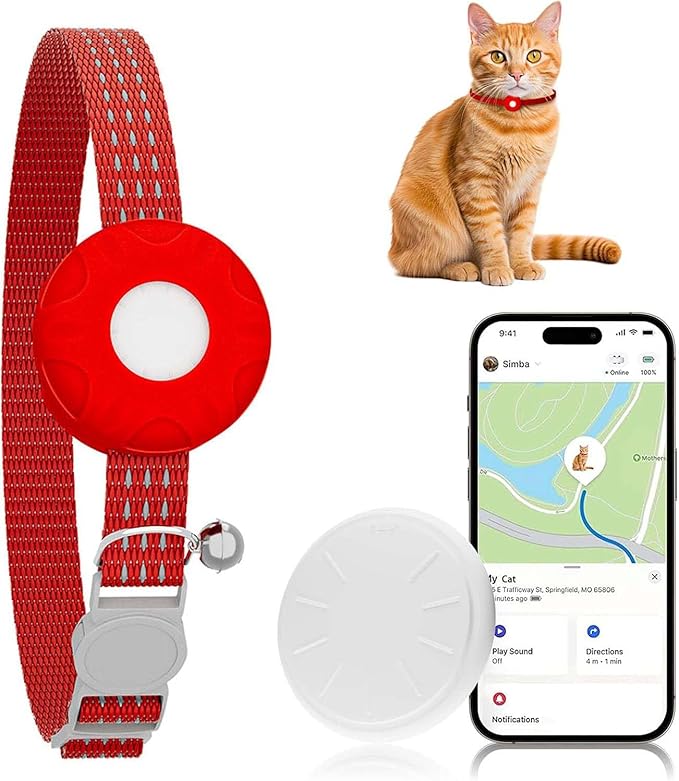 GPS Tracker for Cats, Cat Tracker Collar with Safety Elastic Buckle, Compatible with Apple Find My App (Only iOS), No Monthly Fee, Waterproof (White Tracker, Red Cat Collar)