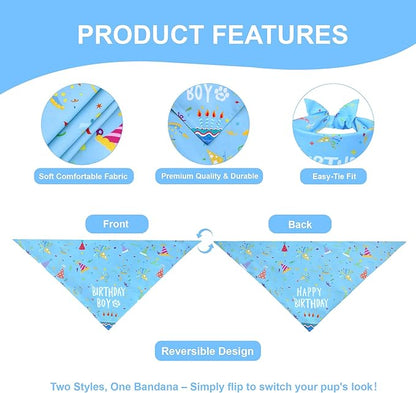 Dog Birthday Bandana Boy for Medium Large Dogs, Reversible 2 Patterns in 1, Blue Confetti Scarf, Happy Birthday Party Outfit Puppy Gift (14-18" Neck)