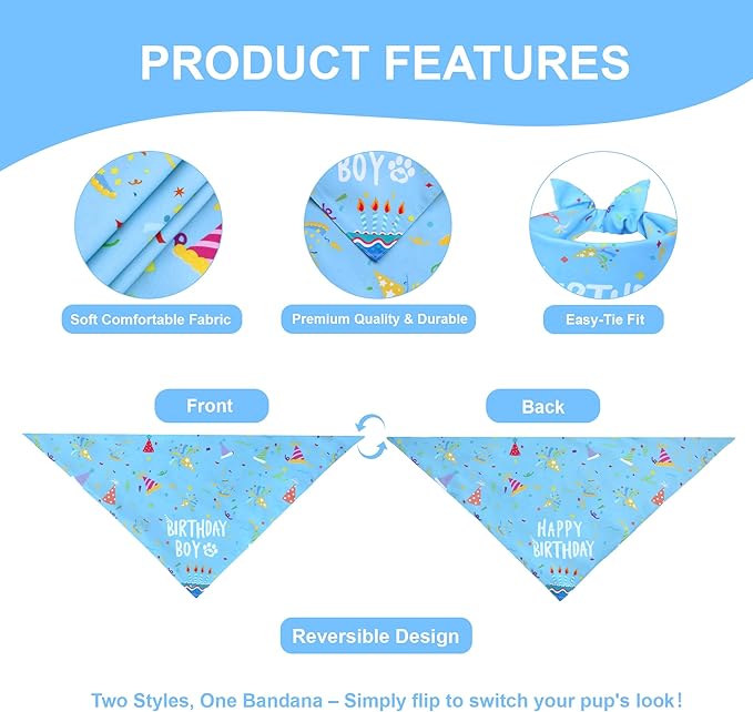 Dog Birthday Bandana Boy for Large X-Large Dogs, Reversible 2 Patterns in 1, Blue Confetti Scarf, Happy Birthday Party Outfit Puppy Gift (18-23" Neck)