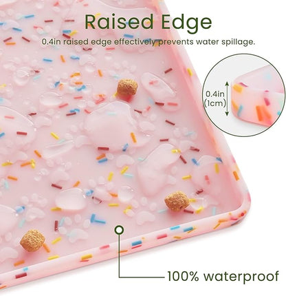Ptlom Dog Food Mat Anti-Slip Dog Bowl Mats for Food and Water, Waterproof Pet Placemat Prevents Messy Spill to Floor, Silicone Puppy Feeding Tray for Small, Medium and Large Dogs Cats, Pink