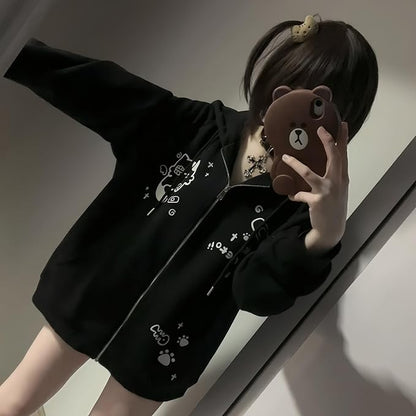 Womens Y2K Zip Up Cute Graphic Hoodies Cat Ears Casual Cartoon Harajuku Kawaii Clothes Oversize Streetwear Jacket